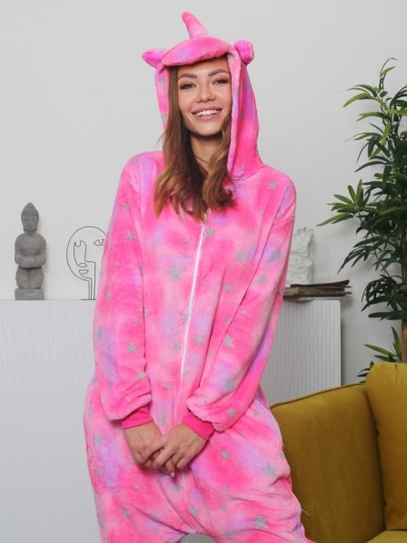 Frauen Pinkes Stern Einhorn Fasching Kostüm Overall Schlafanzug Halloween Freizeitkleidung