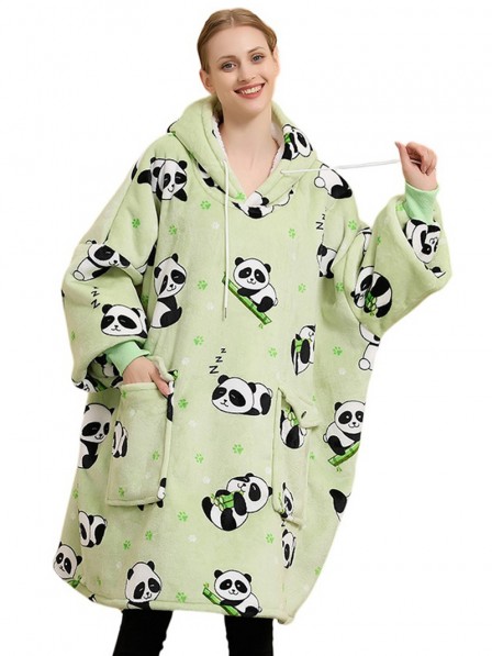 Grüner Panda Hoodie Decke Warme Plüsch Kapuzendecke für Erwachsene